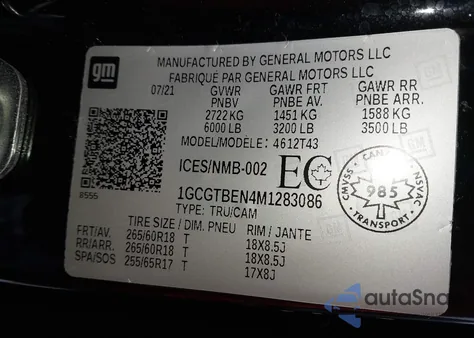 2021 Chevrolet Colorado Wt z USA, uszkodzony, nr VIN 1GCGTBEN4M1283086